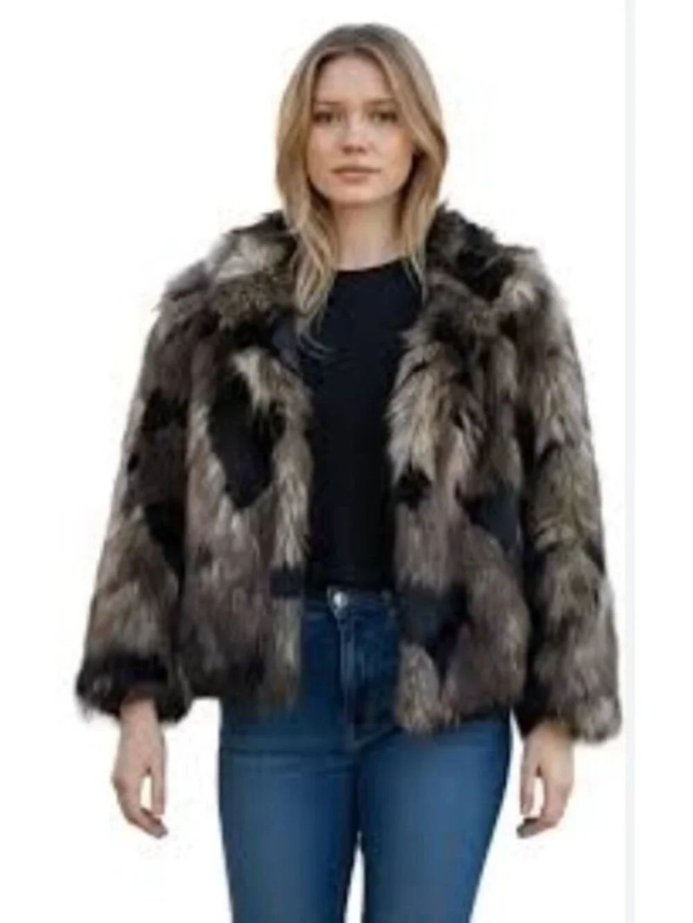 Via Spiga Womens Coat Large Faux Fur Brown Black Cropped Mobwife NWOT